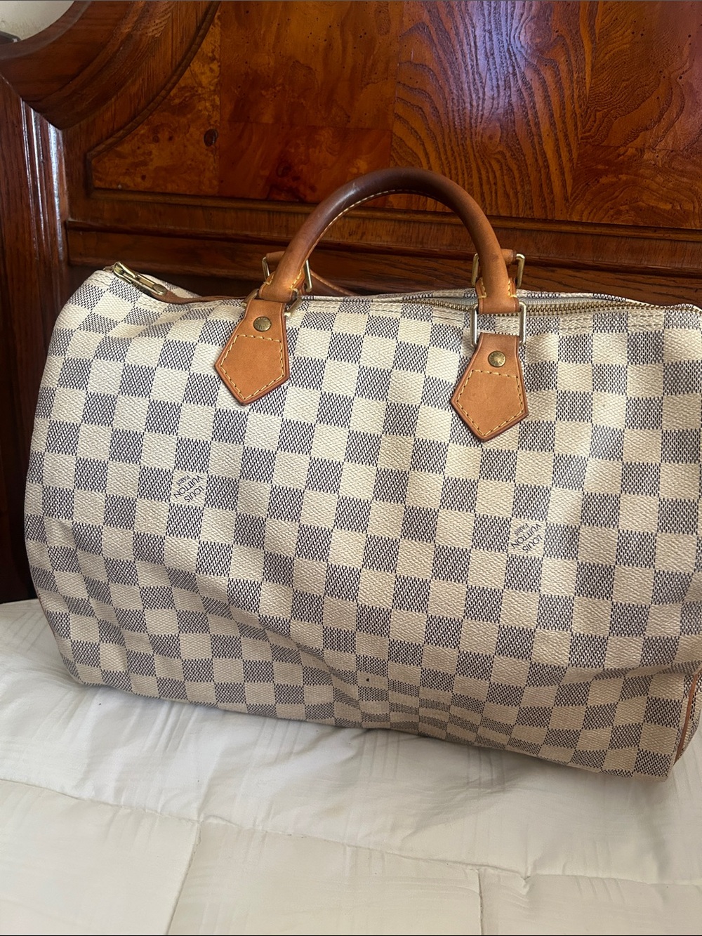 Louis Vuitton Damier Azur Travel Duffel with Tan Leather Handles